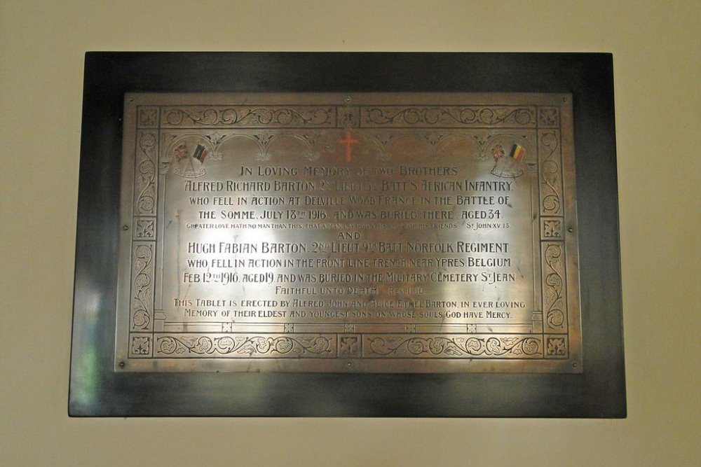 Plaquette Alfred Richard Barton en Hugh Fabian Barton