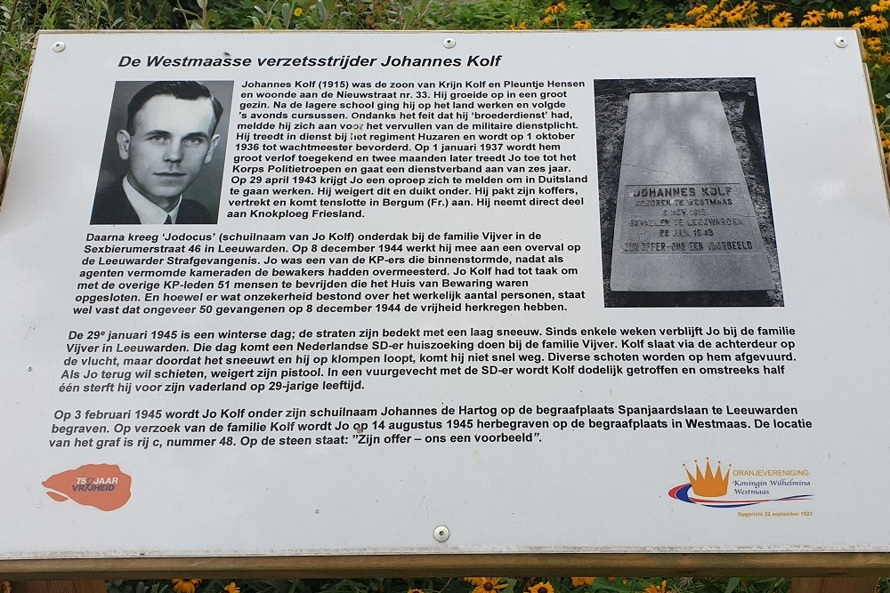 Memorial Plate Johannes Kolf, Westmaas