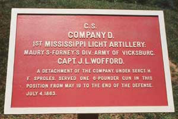 Position Marker 1st Mississippi Light Artillery, Company D (Confederates) #1