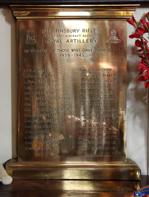 War Memorial 12th Finsbury Rifles Light Anti-Aircraft Regiment Royal Artillery